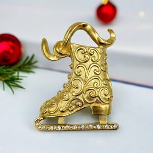 Ice Skate Holiday Brooch Vintage Jeweled Winter Scroll Large Lapel Jewelry Pin